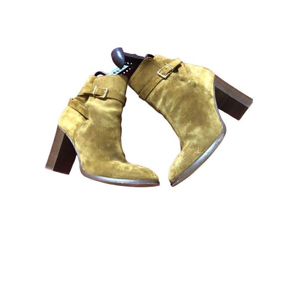 J Crew Suede Wraparound Buckle Ankle Boots, Vintage Amber block heel - Picture 3 of 9